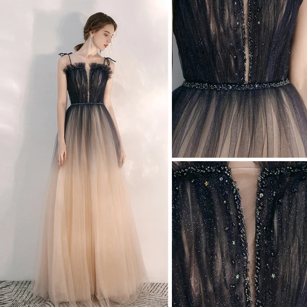 Élégant Bleu Marine Dégradé De Couleur Champagne Robe De Soirée 2020 Princesse Bretelles Spaghetti Sans Manches Perlage Glitter Tulle Longue Volants Dos Nu Robe De Ceremonie