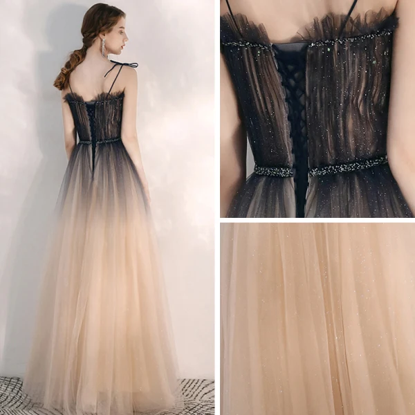 Élégant Bleu Marine Dégradé De Couleur Champagne Robe De Soirée 2020 Princesse Bretelles Spaghetti Sans Manches Perlage Glitter Tulle Longue Volants Dos Nu Robe De Ceremonie