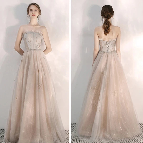 Elegante Champagner Abendkleider 2020 A Linie Bandeau Ärmellos Pailletten Perlenstickerei Lange Rüschen Rückenfreies Festliche Kleider