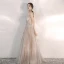 Elegante Champagner Abendkleider 2020 A Linie Bandeau Ärmellos Pailletten Perlenstickerei Lange Rüschen Rückenfreies Festliche Kleider