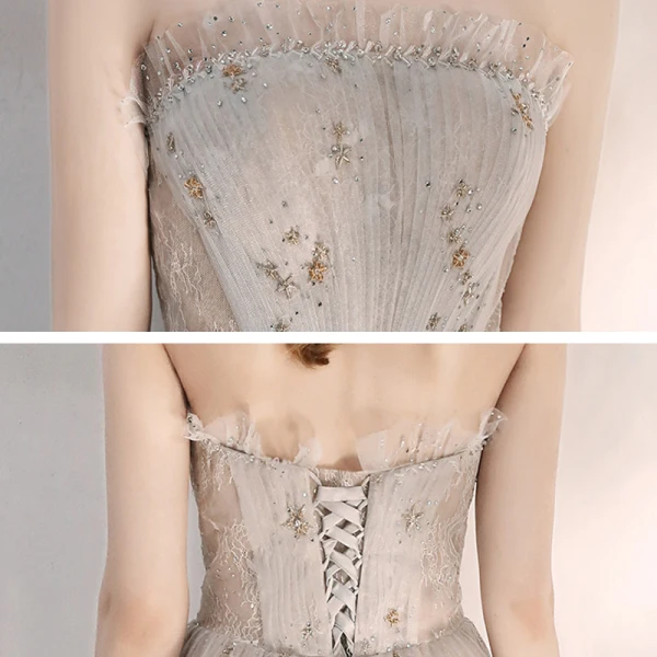 Elegante Champagner Abendkleider 2020 A Linie Bandeau Ärmellos Pailletten Perlenstickerei Lange Rüschen Rückenfreies Festliche Kleider