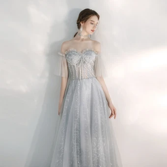 Illusion Silver See Through Evening Dresses 2020 A Line Princess Off The Shoulder Bell Sleeves Sequins Beading Floor Length Long Ruffle Backless Formal Dresses