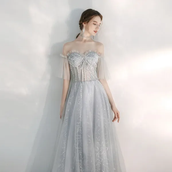 Illusion Silver See-through Evening Dresses  2020 A-Line / Princess Off-The-Shoulder Bell sleeves Sequins Beading Floor-Length / Long Ruffle Backless Formal Dresses