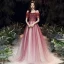 Elegant Burgundy Evening Dresses  2020 A-Line / Princess Off-The-Shoulder Short Sleeve Beading Rhinestone Glitter Tulle Floor-Length / Long Ruffle Backless Formal Dresses