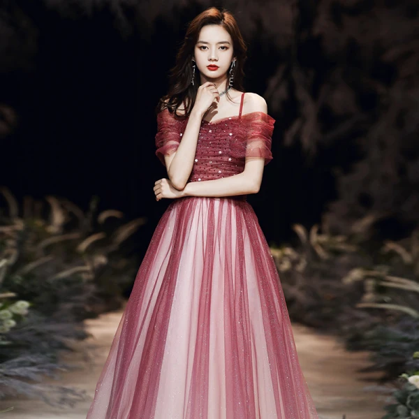 Elegant Burgundy Evening Dresses 2020 A-Line / Princess Off-The-Shoulder Short Sleeve Beading Rhinestone Glitter Tulle Floor-Length / Long Ruffle Backless Formal Dresses