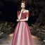 Elegant Burgundy Evening Dresses  2020 A-Line / Princess Off-The-Shoulder Short Sleeve Beading Rhinestone Glitter Tulle Floor-Length / Long Ruffle Backless Formal Dresses