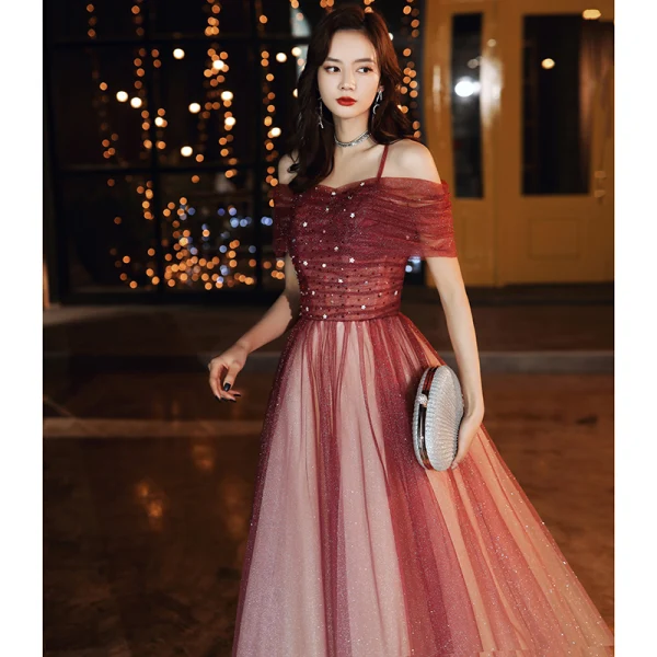 Elegant Burgundy Evening Dresses 2020 A-Line / Princess Off-The-Shoulder Short Sleeve Beading Rhinestone Glitter Tulle Floor-Length / Long Ruffle Backless Formal Dresses
