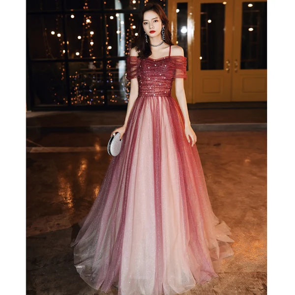 Elegant Burgundy Evening Dresses 2020 A-Line / Princess Off-The-Shoulder Short Sleeve Beading Rhinestone Glitter Tulle Floor-Length / Long Ruffle Backless Formal Dresses