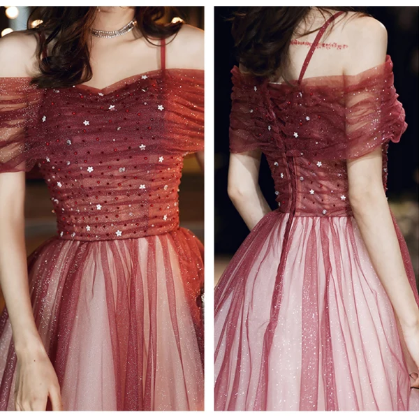 Elegant Burgundy Evening Dresses 2020 A-Line / Princess Off-The-Shoulder Short Sleeve Beading Rhinestone Glitter Tulle Floor-Length / Long Ruffle Backless Formal Dresses