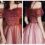 Elegant Burgundy Evening Dresses  2020 A-Line / Princess Off-The-Shoulder Short Sleeve Beading Rhinestone Glitter Tulle Floor-Length / Long Ruffle Backless Formal Dresses