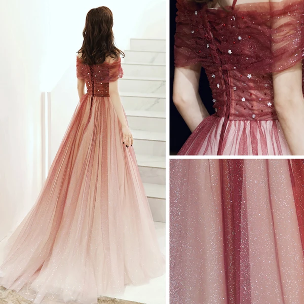 Elegant Burgundy Evening Dresses 2020 A-Line / Princess Off-The-Shoulder Short Sleeve Beading Rhinestone Glitter Tulle Floor-Length / Long Ruffle Backless Formal Dresses