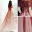 Elegant Burgundy Evening Dresses  2020 A-Line / Princess Off-The-Shoulder Short Sleeve Beading Rhinestone Glitter Tulle Floor-Length / Long Ruffle Backless Formal Dresses
