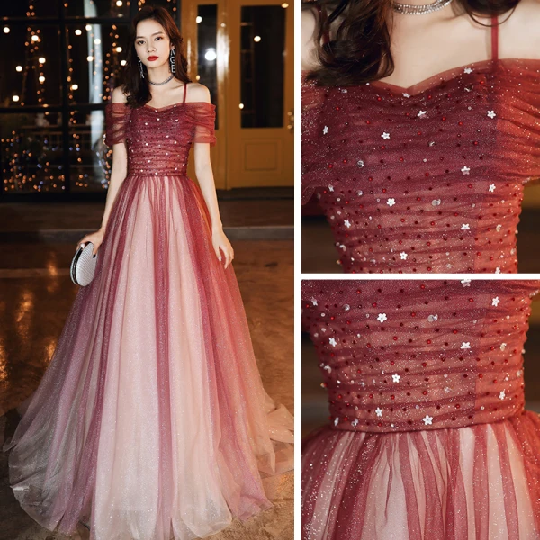 Elegant Burgundy Evening Dresses 2020 A-Line / Princess Off-The-Shoulder Short Sleeve Beading Rhinestone Glitter Tulle Floor-Length / Long Ruffle Backless Formal Dresses