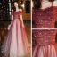 Elegant Burgundy Evening Dresses  2020 A-Line / Princess Off-The-Shoulder Short Sleeve Beading Rhinestone Glitter Tulle Floor-Length / Long Ruffle Backless Formal Dresses