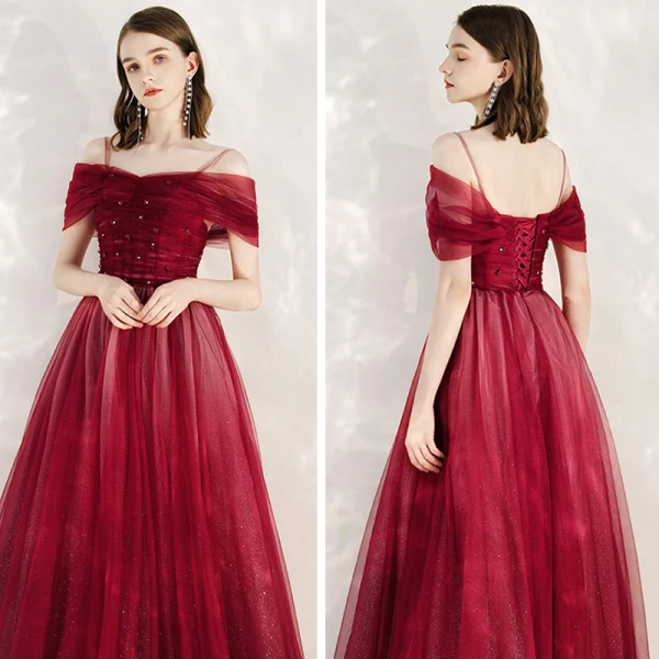 Chic / Belle Rouge Robe De Soirée 2020 Princesse De l'épaule Manches Courtes Perlage Glitter Tulle Longue Volants Dos Nu Robe De Ceremonie