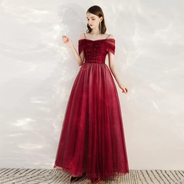 Chic / Belle Rouge Robe De Soirée 2020 Princesse De l'épaule Manches Courtes Perlage Glitter Tulle Longue Volants Dos Nu Robe De Ceremonie