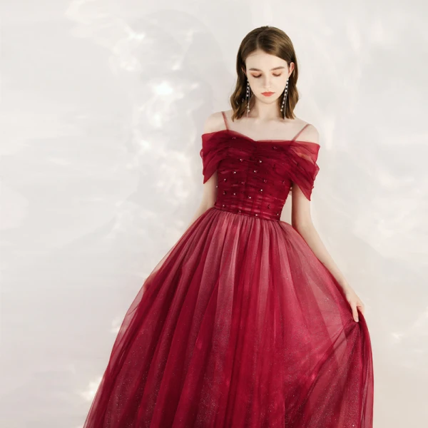 Chic / Belle Rouge Robe De Soirée 2020 Princesse De l'épaule Manches Courtes Perlage Glitter Tulle Longue Volants Dos Nu Robe De Ceremonie