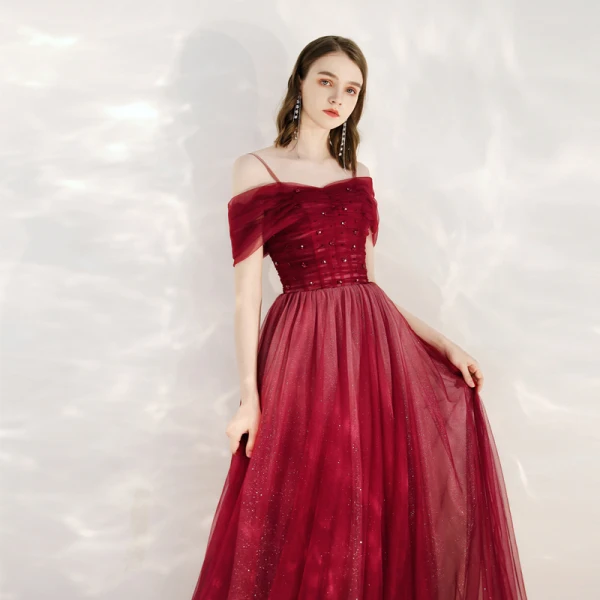 Chic / Belle Rouge Robe De Soirée 2020 Princesse De l'épaule Manches Courtes Perlage Glitter Tulle Longue Volants Dos Nu Robe De Ceremonie