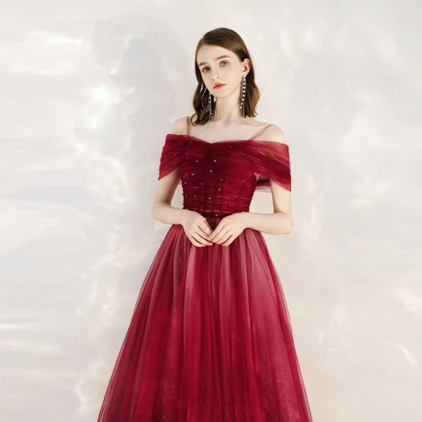 Chic / Belle Rouge Robe De Soirée 2020 Princesse De l'épaule Manches Courtes Perlage Glitter Tulle Longue Volants Dos Nu Robe De Ceremonie