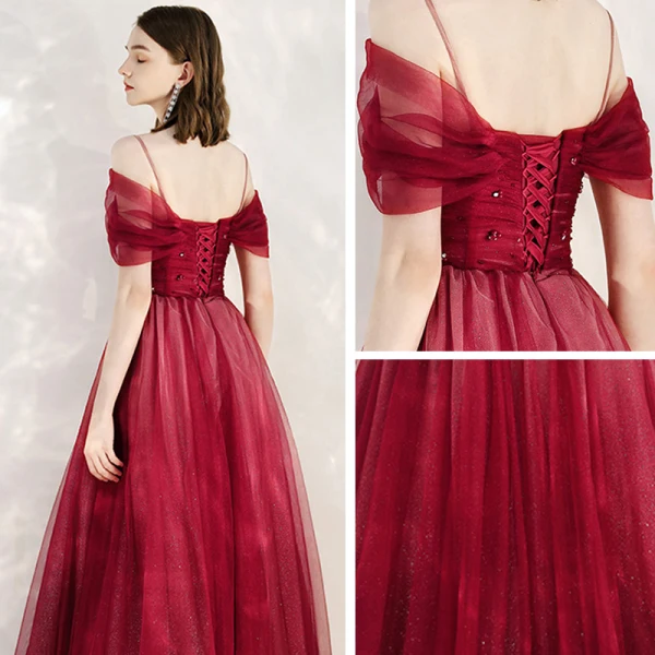 Chic / Belle Rouge Robe De Soirée 2020 Princesse De l'épaule Manches Courtes Perlage Glitter Tulle Longue Volants Dos Nu Robe De Ceremonie