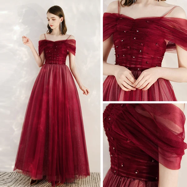 Chic / Belle Rouge Robe De Soirée 2020 Princesse De l'épaule Manches Courtes Perlage Glitter Tulle Longue Volants Dos Nu Robe De Ceremonie