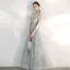 Elegant Silver Evening Dresses  2020 A-Line / Princess Off-The-Shoulder Short Sleeve Appliques Sequins Beading Floor-Length / Long Ruffle Backless Formal Dresses
