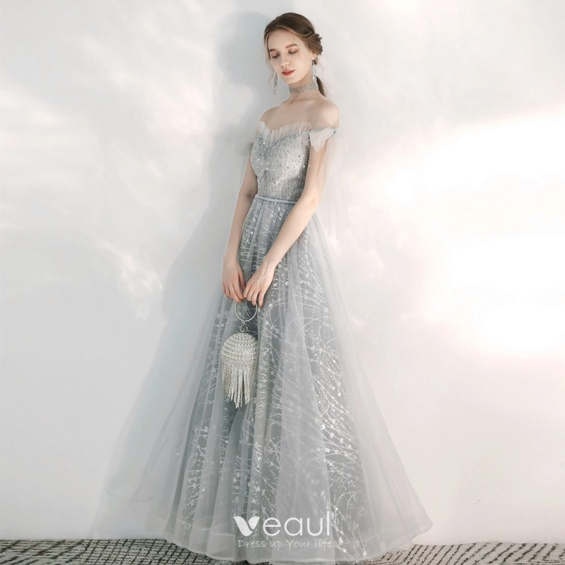 Elegant Silver Evening Dresses 2020 A-Line / Princess Off-The-Shoulder  Short Sleeve Appliques Sequins Beading Floor-Length / Long Ruffle Backless Formal  Dresses