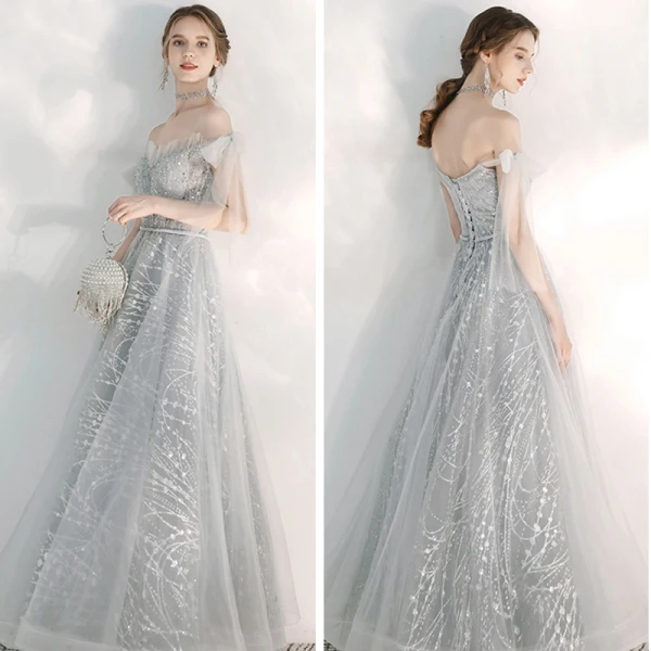 Elegant Silver Evening Dresses  2020 A-Line / Princess Off-The-Shoulder Short Sleeve Appliques Sequins Beading Floor-Length / Long Ruffle Backless Formal Dresses