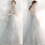 Elegant Silver Evening Dresses  2020 A-Line / Princess Off-The-Shoulder Short Sleeve Appliques Sequins Beading Floor-Length / Long Ruffle Backless Formal Dresses