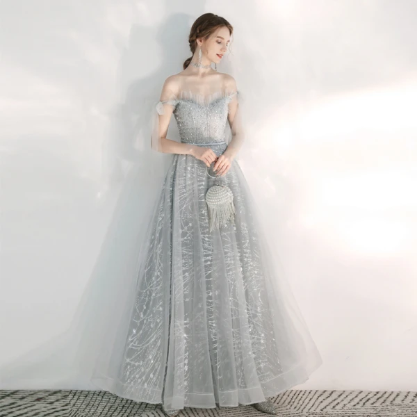 Elegant Silver Evening Dresses  2020 A-Line / Princess Off-The-Shoulder Short Sleeve Appliques Sequins Beading Floor-Length / Long Ruffle Backless Formal Dresses