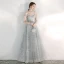 Elegant Silver Evening Dresses  2020 A-Line / Princess Off-The-Shoulder Short Sleeve Appliques Sequins Beading Floor-Length / Long Ruffle Backless Formal Dresses
