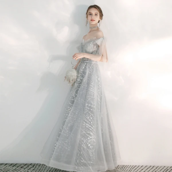 Elegant Silver Evening Dresses  2020 A-Line / Princess Off-The-Shoulder Short Sleeve Appliques Sequins Beading Floor-Length / Long Ruffle Backless Formal Dresses