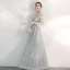 Elegant Silver Evening Dresses  2020 A-Line / Princess Off-The-Shoulder Short Sleeve Appliques Sequins Beading Floor-Length / Long Ruffle Backless Formal Dresses