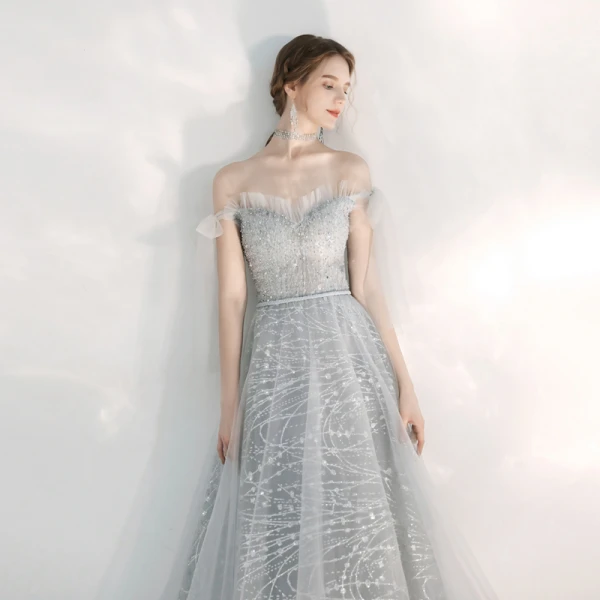 Elegant Silver Evening Dresses  2020 A-Line / Princess Off-The-Shoulder Short Sleeve Appliques Sequins Beading Floor-Length / Long Ruffle Backless Formal Dresses