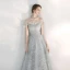 Elegant Silver Evening Dresses  2020 A-Line / Princess Off-The-Shoulder Short Sleeve Appliques Sequins Beading Floor-Length / Long Ruffle Backless Formal Dresses