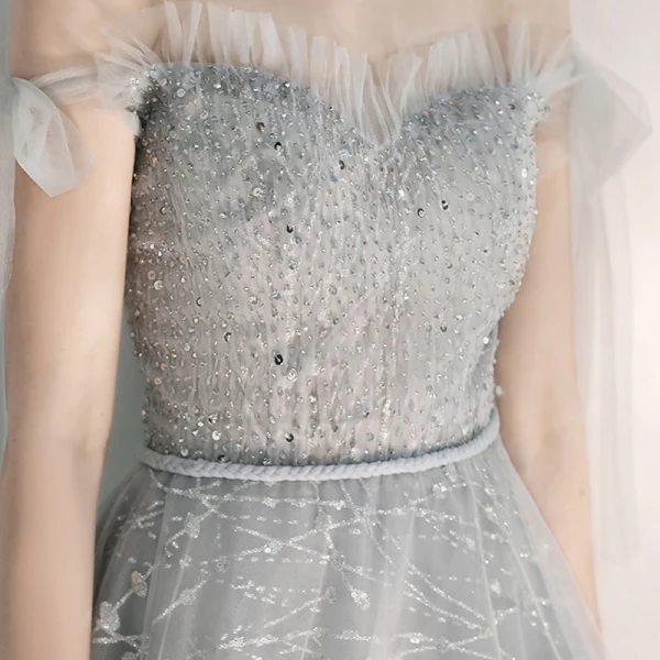 Elegant Silver Evening Dresses 2020 A-Line Princess Off-The-Shoulder Short Sleeve Long