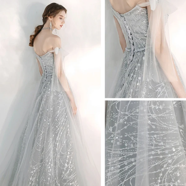 Elegant Silver Evening Dresses  2020 A-Line / Princess Off-The-Shoulder Short Sleeve Appliques Sequins Beading Floor-Length / Long Ruffle Backless Formal Dresses