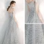 Elegant Silver Evening Dresses  2020 A-Line / Princess Off-The-Shoulder Short Sleeve Appliques Sequins Beading Floor-Length / Long Ruffle Backless Formal Dresses