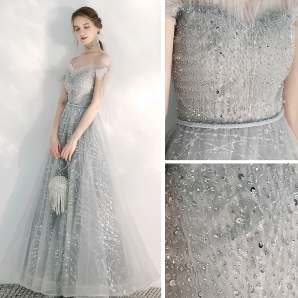 Elegant Silver Evening Dresses  2020 A-Line / Princess Off-The-Shoulder Short Sleeve Appliques Sequins Beading Floor-Length / Long Ruffle Backless Formal Dresses