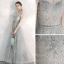 Elegant Silver Evening Dresses  2020 A-Line / Princess Off-The-Shoulder Short Sleeve Appliques Sequins Beading Floor-Length / Long Ruffle Backless Formal Dresses