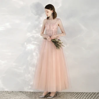 Chic Beautiful Pearl Pink Homecoming Graduation Dresses 2020 A Line Princess Spaghetti Straps Sleeveless Appliques Flower Beading Glitter Tulle Ankle Length Ruffle Backless Formal Dresses