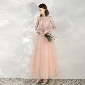 Fine Perle Rosa Homecoming Graduation Kjoler 2020 Prinsesse Spaghettistropper Uten Ermer Appliques Blomst Beading Glitter Tyll Ankel Lengde Buste Ryggløse Formelle Kjoler