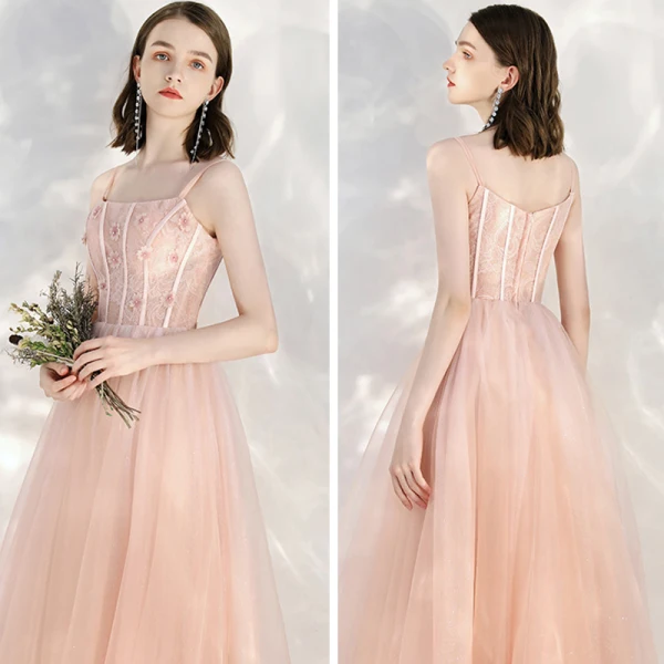 Chic / Beautiful Pearl Pink Homecoming Graduation Dresses 2020 A-Line / Princess Spaghetti Straps Sleeveless Appliques Flower Beading Glitter Tulle Ankle Length Ruffle Backless Formal Dresses