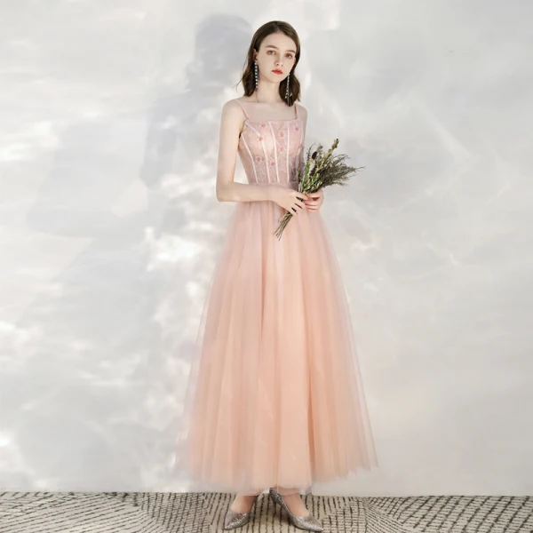 Chic / Beautiful Pearl Pink Homecoming Graduation Dresses 2020 A-Line / Princess Spaghetti Straps Sleeveless Appliques Flower Beading Glitter Tulle Ankle Length Ruffle Backless Formal Dresses