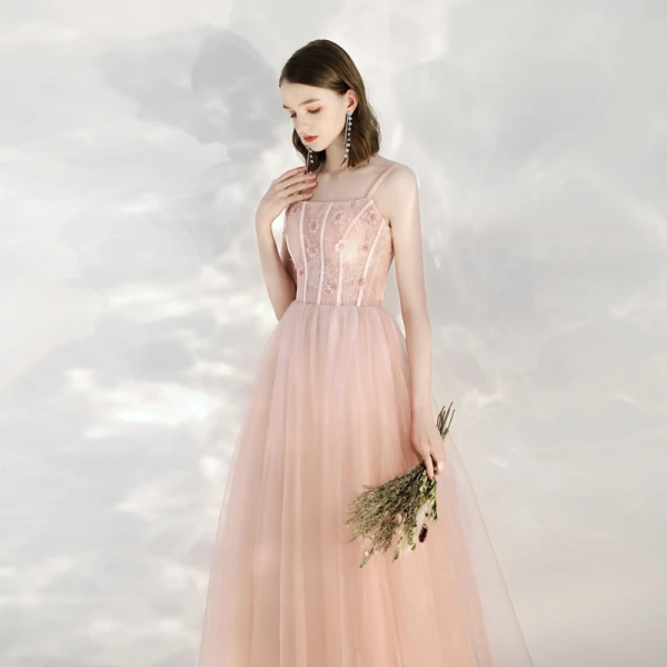 Chic / Beautiful Pearl Pink Homecoming Graduation Dresses 2020 A-Line / Princess Spaghetti Straps Sleeveless Appliques Flower Beading Glitter Tulle Ankle Length Ruffle Backless Formal Dresses