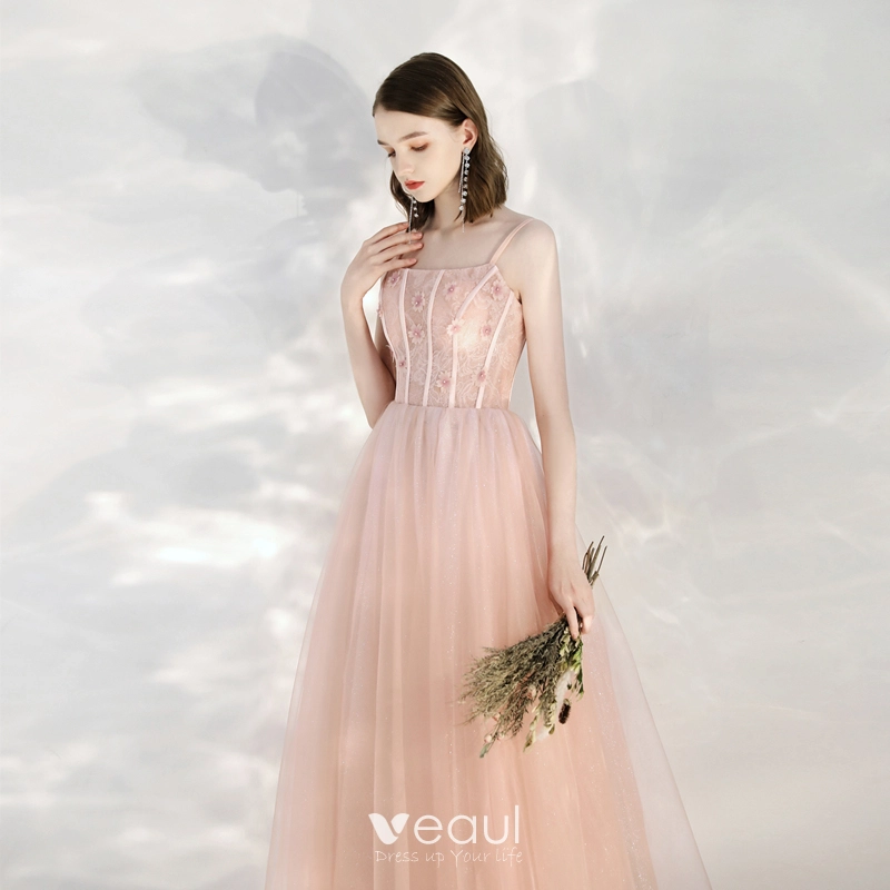 Spaghetti Long A-line Pink Tulle Applqiues Prom Dresses, Handmade Flowers Prom Dresses, 2020 Prom Dresses Spaghetti Long A-line Pink Tulle Applqiues Prom Dresses, Handmade Flowers Prom Dresses, 2020 Prom Dresses