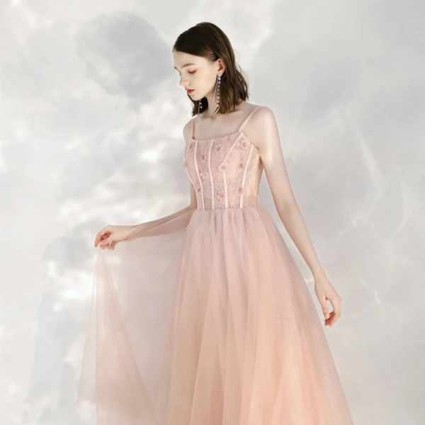 Chic / Beautiful Pearl Pink Homecoming Graduation Dresses 2020 A-Line / Princess Spaghetti Straps Sleeveless Appliques Flower Beading Glitter Tulle Ankle Length Ruffle Backless Formal Dresses