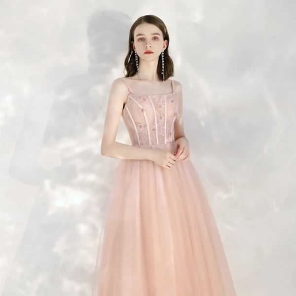 Chic / Beautiful Pearl Pink Homecoming Graduation Dresses 2020 A-Line / Princess Spaghetti Straps Sleeveless Appliques Flower Beading Glitter Tulle Ankle Length Ruffle Backless Formal Dresses
