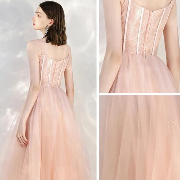 Chic / Beautiful Pearl Pink Homecoming Graduation Dresses 2020 A-Line / Princess Spaghetti Straps Sleeveless Appliques Flower Beading Glitter Tulle Ankle Length Ruffle Backless Formal Dresses