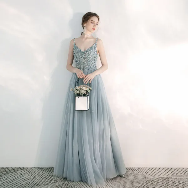 Elegant Sky Blue Evening Dresses  2020 A-Line / Princess Spaghetti Straps Sleeveless Appliques Flower Floor-Length / Long Ruffle Beading Backless Formal Dresses